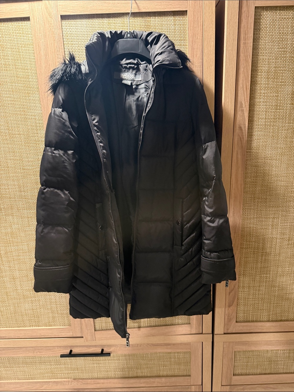 Kenneth Cole Black Quilted Hooded Puffer Coat with Faux Fur Trim